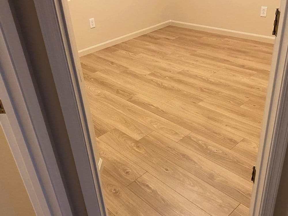 Empty room with light wood flooring, viewed through an open doorway.
