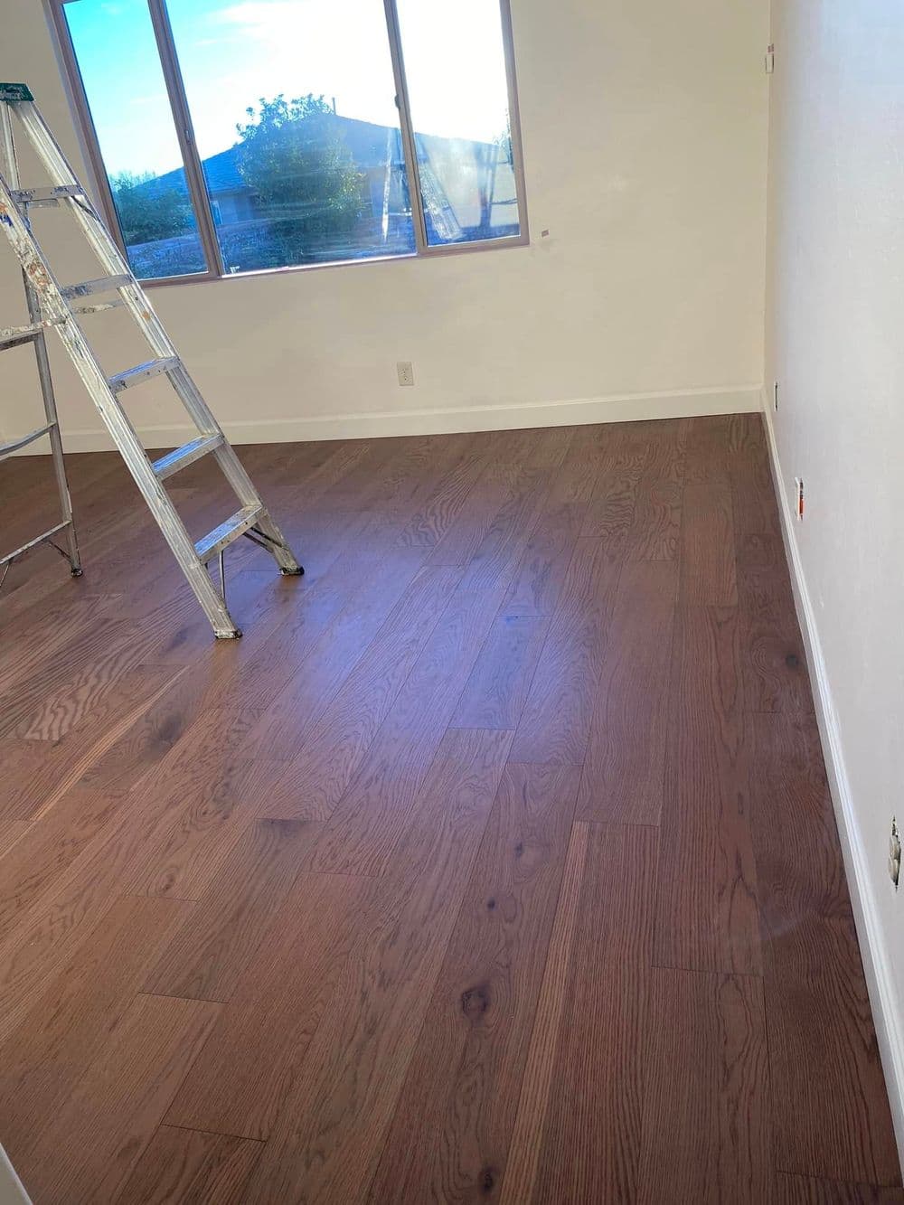 Interior view of a room with hardwood floor, a ladder, and natural light from a window.